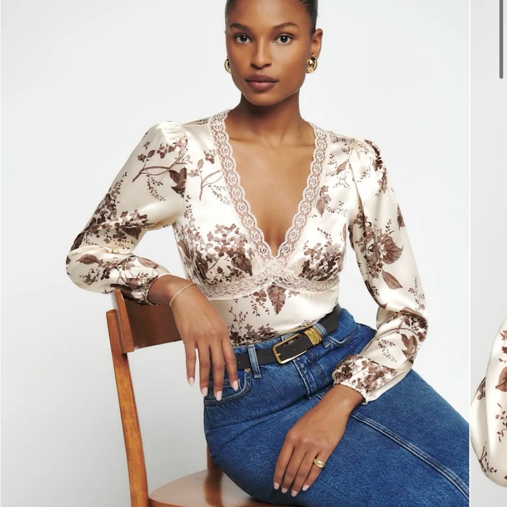 Reformation Cream Satin Floral Lace Trim Blouse